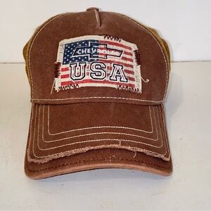 Distressed Look Brown Chevrolet USA Flag Mesh Snapback Hat by Cruisin Sports